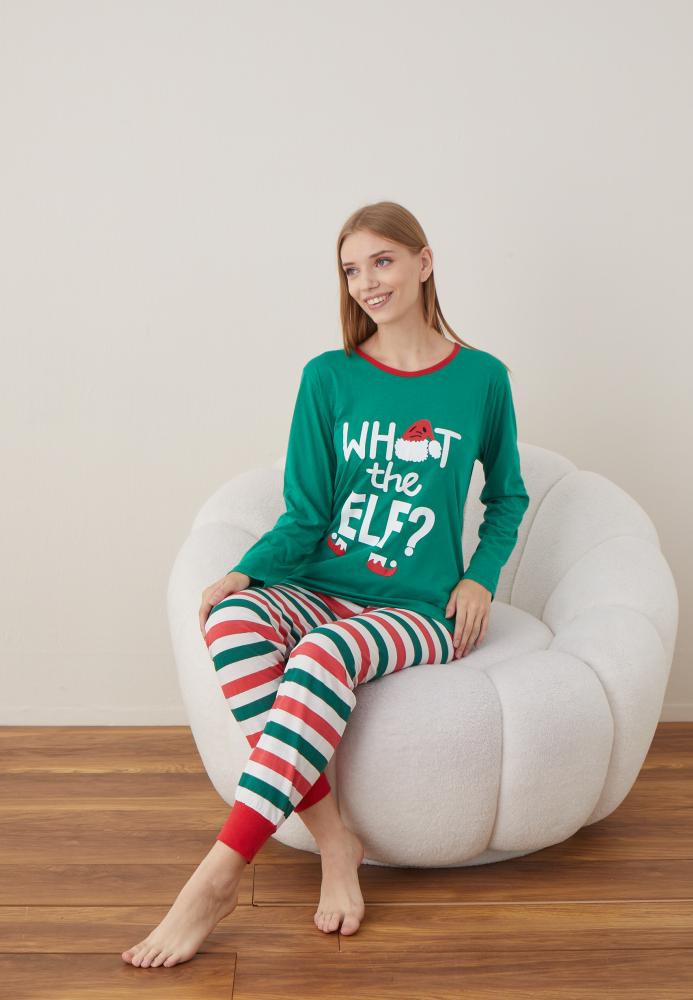 Pijama Dama Craciun "WHAT THE ELF ? " ,maneca lunga ,pantaloni lungi,Engros